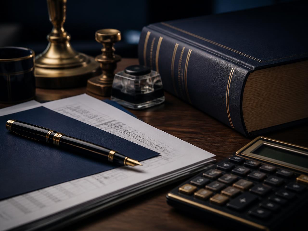 Documentos fiscais, livro de legislação e calculadora sobre mesa de escritório